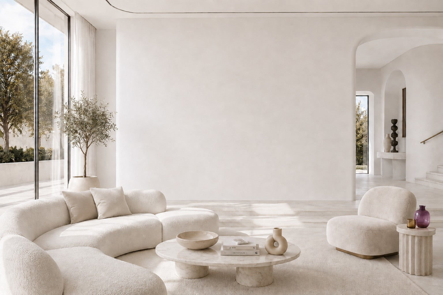 Jasny minimalistyczny salon w neutralnej kolorystyce NORDART
