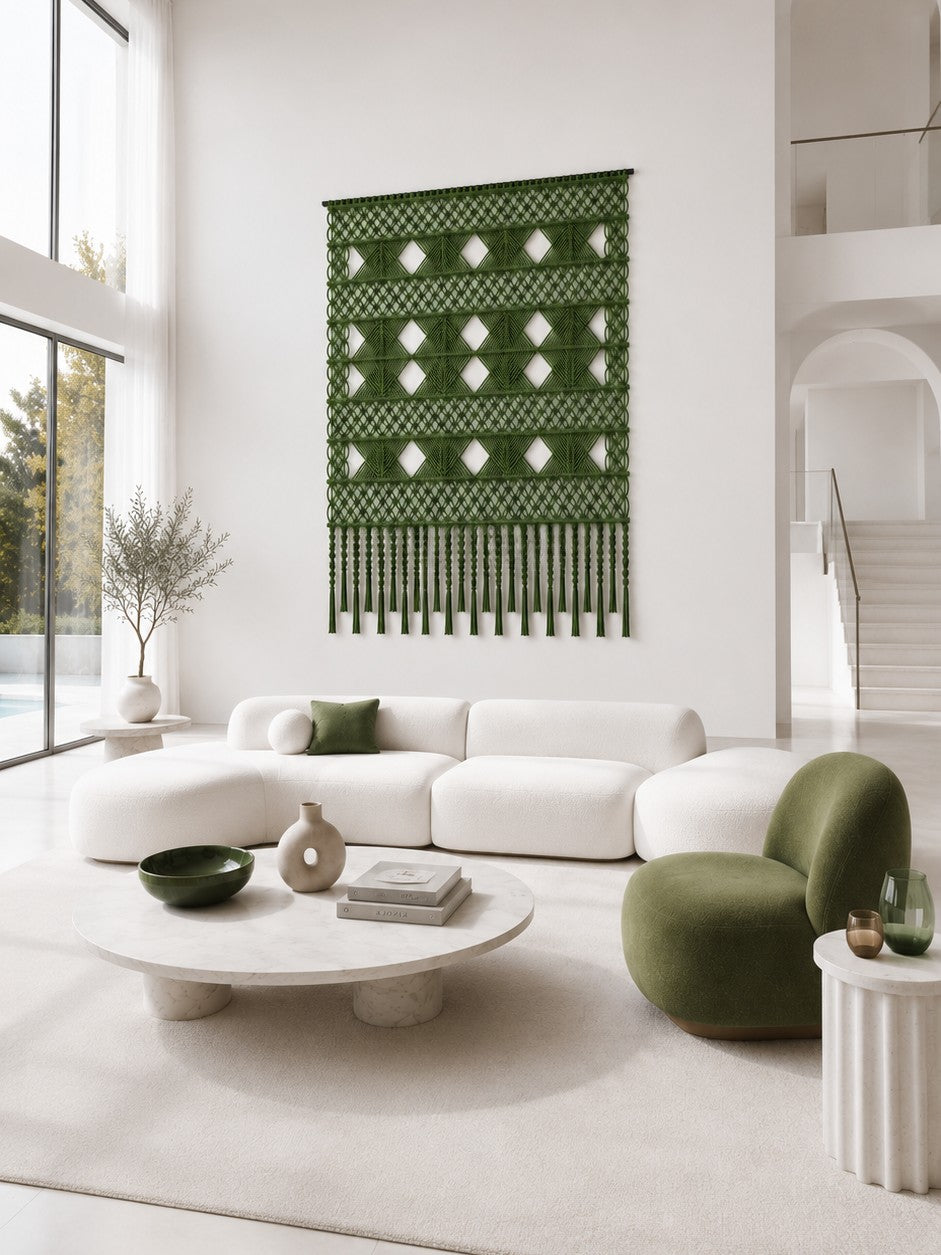 Duża zielona dekoracja ścienna WALLART awokado NORDART w jasnym, nowoczesnym salonie
