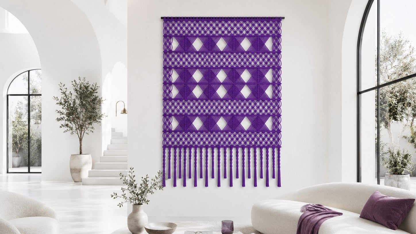 Duża fioletowa dekoracja ścienna WALLART NORDART w jasnym, nowoczesnym salonie